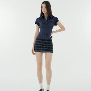 Retro Striped Waist-Cinching Short Sleeve Shirt - Vintage Inspired 90s Style Top