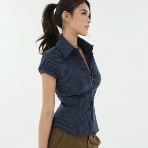 Retro Striped Waist-Cinching Short Sleeve Shirt - Vintage Inspired 90s Style Top