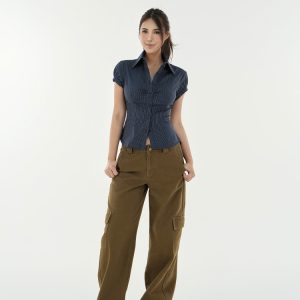 Retro Striped Waist-Cinching Short Sleeve Shirt - Vintage Inspired 90s Style Top