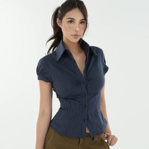 Retro Striped Waist-Cinching Short Sleeve Shirt - Vintage Inspired 90s Style Top