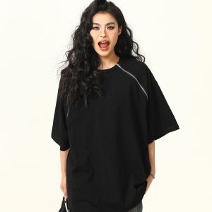 Retro Suede Double Zipper Short Sleeve T-Shirt for Men and Women - High Street Loose Fit Couple Tee, Y2K Style