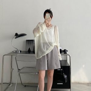 Retro Sun Grapefruit Loose-Fitting Knitted Cover-Up Sweater - Hollow-Out Summer Pullover for Sun Protection, Versatile Style