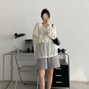 Retro Sun Grapefruit Loose-Fitting Knitted Cover-Up Sweater - Hollow-Out Summer Pullover for Sun Protection, Versatile Style