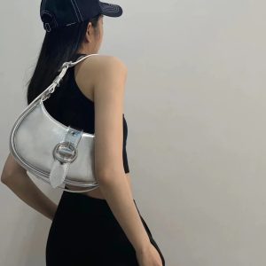Retro Textured Silver Motorcycle Saddle Bag for Women - 2025 New Model, Fashionable Underarm Crossbody Design