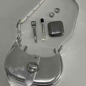 Retro Textured Silver Motorcycle Saddle Bag for Women - 2025 New Model, Fashionable Underarm Crossbody Design