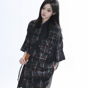 Retro Tie-Dye Plaid Short Sleeve Shirt for Women - Casual Summer Style, American High Street Trend