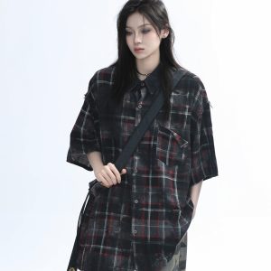 Retro Tie-Dye Plaid Short Sleeve Shirt for Women - Casual Summer Style, American High Street Trend