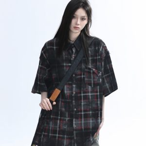 Retro Tie-Dye Plaid Short Sleeve Shirt for Women - Casual Summer Style, American High Street Trend