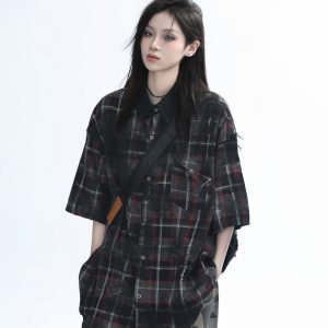 Retro Tie-Dye Plaid Short Sleeve Shirt for Women - Casual Summer Style, American High Street Trend