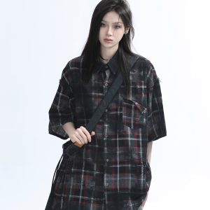 Retro Tie-Dye Plaid Short Sleeve Shirt for Women - Casual Summer Style, American High Street Trend