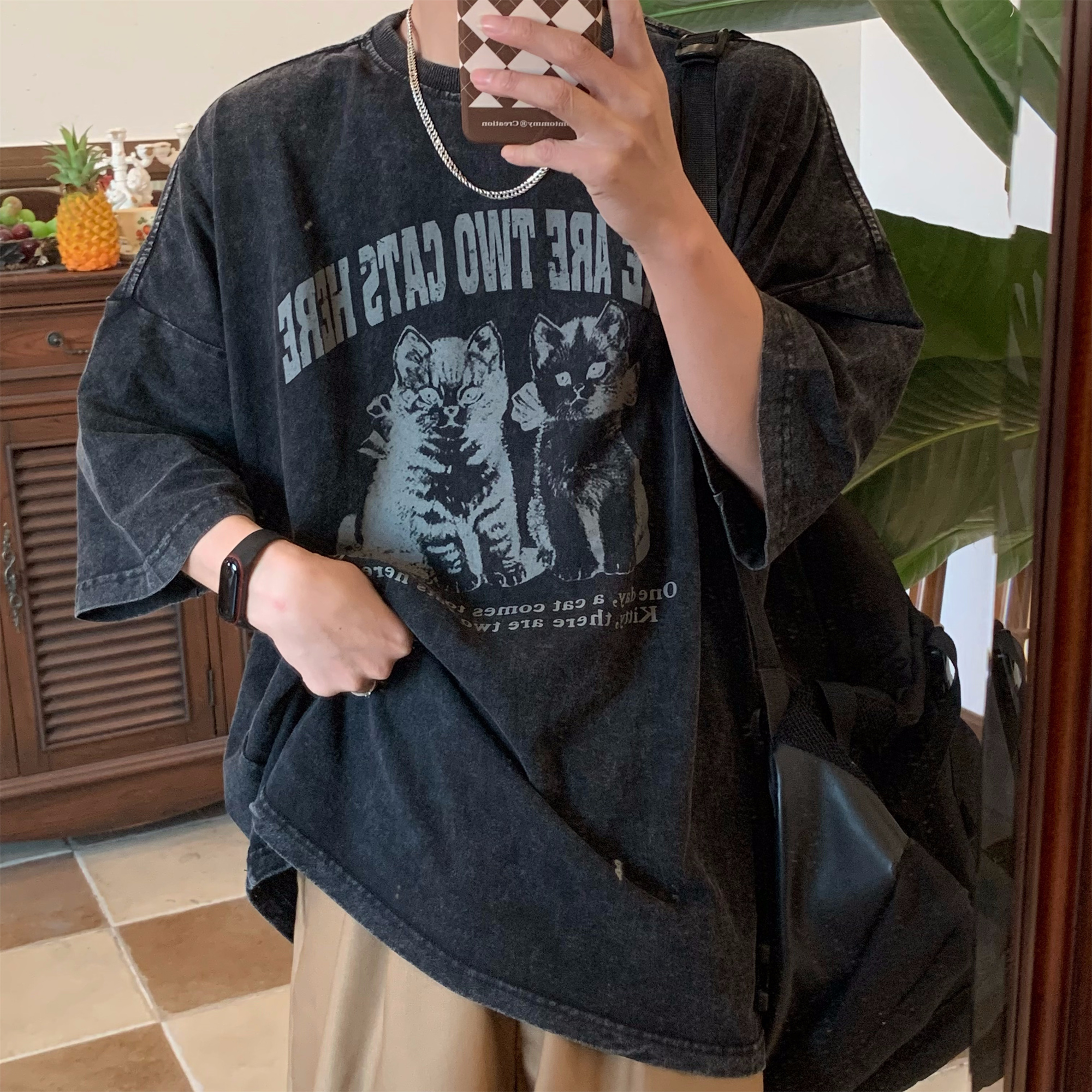 Retro Trendy Washed Vintage Cat Print Loose Fit Couple Round Neck Short Sleeve T-Shirt - Y2K Style Retro Trendy Washed Vintage Cat Print Loose Fit Couple Round Neck Short Sleeve T-Shirt - Y2K Style