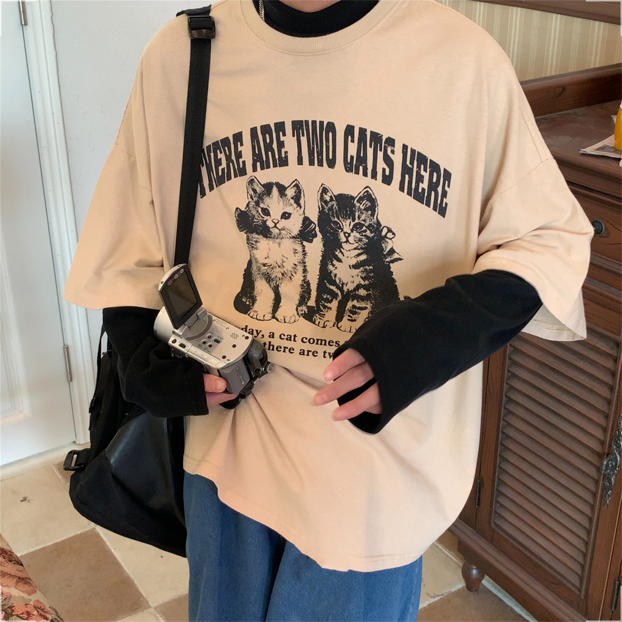 Retro Trendy Washed Vintage Cat Print Loose Fit Couple Round Neck Short Sleeve T-Shirt - Y2K Style Retro Trendy Washed Vintage Cat Print Loose Fit Couple Round Neck Short Sleeve T-Shirt - Y2K Style