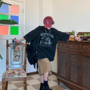 Retro Trendy Washed Vintage Cat Print Loose Fit Couple Round Neck Short Sleeve T-Shirt - Y2K Style