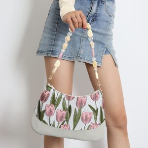 Retro Tulip Flower Underarm Bag for Women, Textured Jacquard Crossbody, Versatile Vacation Style, Niche Design