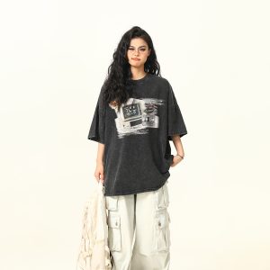 Retro TV Print Unisex Short-Sleeve T-Shirt - Vintage American Style Loose Fit Couple Tee