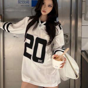 Retro V-Neck Long Sleeve T-Shirt for Women, Spring Rugby Jersey, Loose Fit Sports Top, 90s Inspired Fashion
