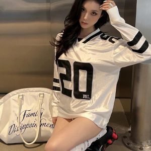 Retro V-Neck Long Sleeve T-Shirt for Women, Spring Rugby Jersey, Loose Fit Sports Top, 90s Inspired Fashion