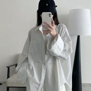 Retro Vertical Striped Big Sleeve Shirt in Sun Grapefruit Tone - Women's Spliced Long Sleeve Cotton-Linen Top