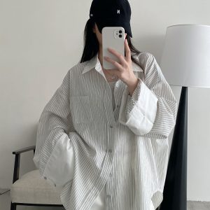 Retro Vertical Striped Big Sleeve Shirt in Sun Grapefruit Tone - Women's Spliced Long Sleeve Cotton-Linen Top