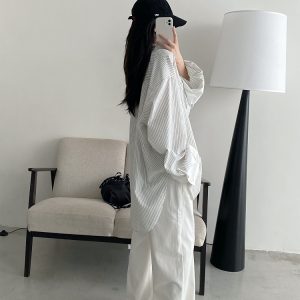 Retro Vertical Striped Big Sleeve Shirt in Sun Grapefruit Tone - Women's Spliced Long Sleeve Cotton-Linen Top