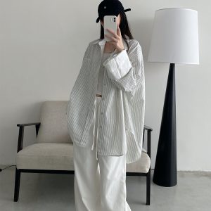 Retro Vertical Striped Big Sleeve Shirt in Sun Grapefruit Tone - Women's Spliced Long Sleeve Cotton-Linen Top