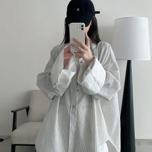 Retro Vertical Striped Big Sleeve Shirt in Sun Grapefruit Tone - Women's Spliced Long Sleeve Cotton-Linen Top