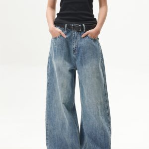 Retro Washed Blue Straight-Leg Jeans for Unisex - American Streetwear Wide-Leg Long Pants in 90s Style