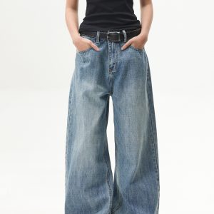 Retro Washed Blue Straight-Leg Jeans for Unisex - American Streetwear Wide-Leg Long Pants in 90s Style