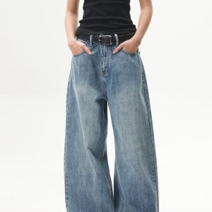 Retro Washed Blue Straight-Leg Jeans for Unisex - American Streetwear Wide-Leg Long Pants in 90s Style