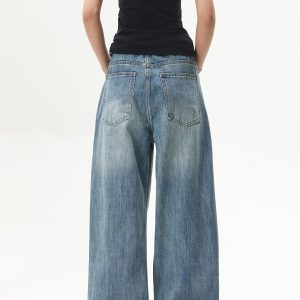 Retro Washed Blue Straight-Leg Jeans for Unisex - American Streetwear Wide-Leg Long Pants in 90s Style