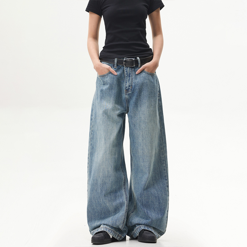 Retro Washed Blue Straight-Leg Jeans for Unisex - American Streetwear Wide-Leg Long Pants in 90s Style