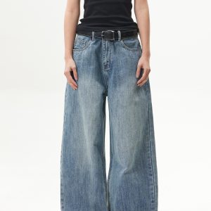 Retro Washed Blue Straight-Leg Jeans for Unisex - American Streetwear Wide-Leg Long Pants in 90s Style