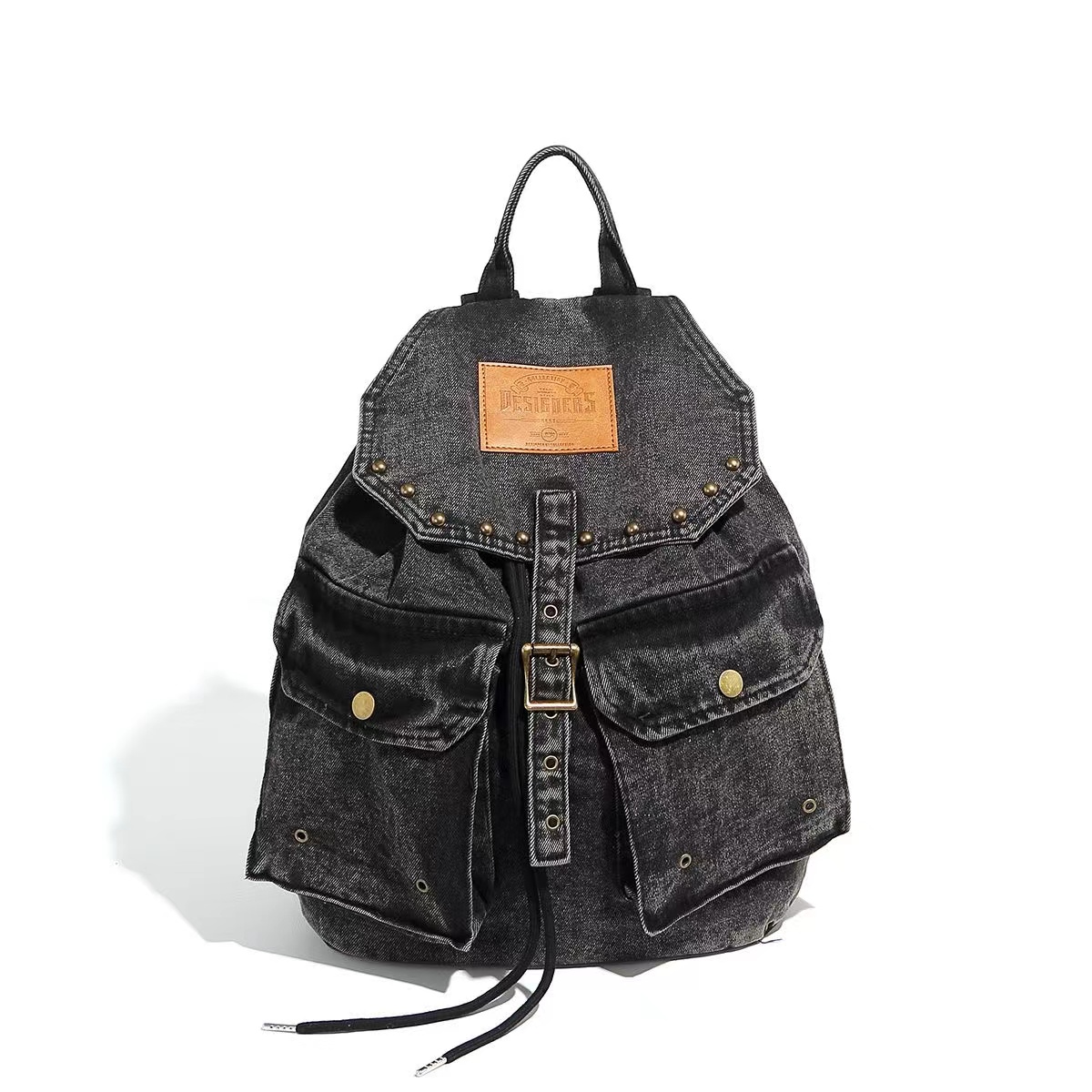 Retro Washed Denim Backpack with Double Pockets and Drawstring, Fashionable Large-Capacity Student Bag for Y2K Style