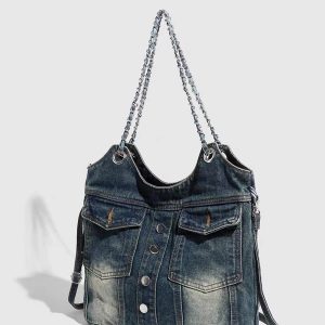 Retro Washed Denim Chain Bag - Fashionable Versatile Button Shoulder Crossbody with Large Capacity for Spicy Girl Style