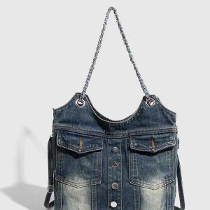 Retro Washed Denim Chain Bag - Fashionable Versatile Button Shoulder Crossbody with Large Capacity for Spicy Girl Style