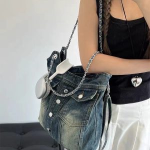 Retro Washed Denim Chain Bag - Fashionable Versatile Button Shoulder Crossbody with Large Capacity for Spicy Girl Style