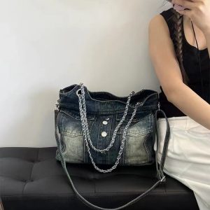 Retro Washed Denim Chain Bag - Fashionable Versatile Button Shoulder Crossbody with Large Capacity for Spicy Girl Style