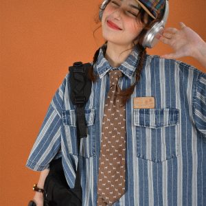 Retro Washed Striped Denim Short Sleeve Top - Loose Fit Vintage Cartoon Shirt for Summer Casual Style