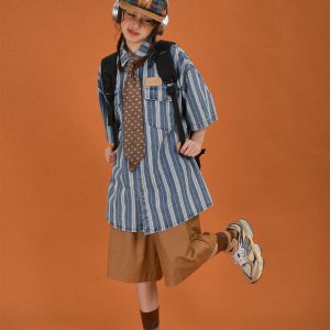 Retro Washed Striped Denim Short Sleeve Top - Loose Fit Vintage Cartoon Shirt for Summer Casual Style