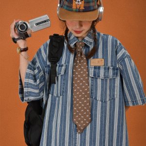Retro Washed Striped Denim Short Sleeve Top - Vintage Loose Fit Cartoon Shirt for Summer - Y2K Style Fashion