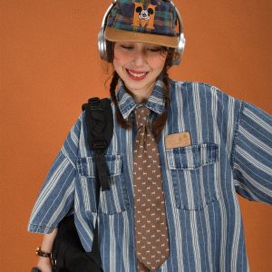 Retro Washed Striped Denim Short Sleeve Top - Vintage Loose Fit Cartoon Shirt for Summer - Y2K Style Fashion