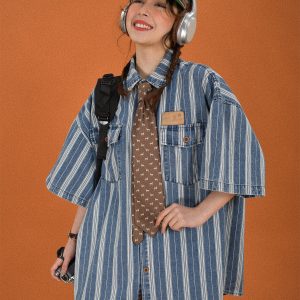 Retro Washed Striped Denim Short Sleeve Top - Vintage Loose Fit Cartoon Shirt for Summer - Y2K Style Fashion