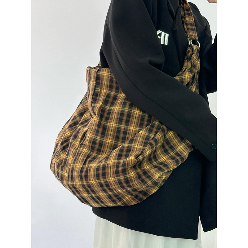 Retro Yellow Checkered Slouchy Tote Bag - Large Capacity Shoulder Crossbody Canvas Backpack in Lazy Style