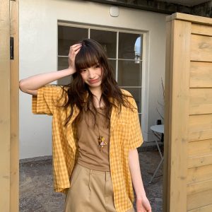 Retro Yellow Plaid Lapel Short Sleeve Shirt for Women - Summer 2025 Simple Commuting Versatile Top in 90s Style