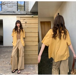 Retro Yellow Plaid Lapel Short Sleeve Shirt for Women - Summer 2025 Simple Commuting Versatile Top in 90s Style