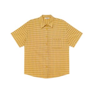 Retro Yellow Plaid Lapel Short Sleeve Shirt for Women - Summer 2025 Simple Commuting Versatile Top in 90s Style