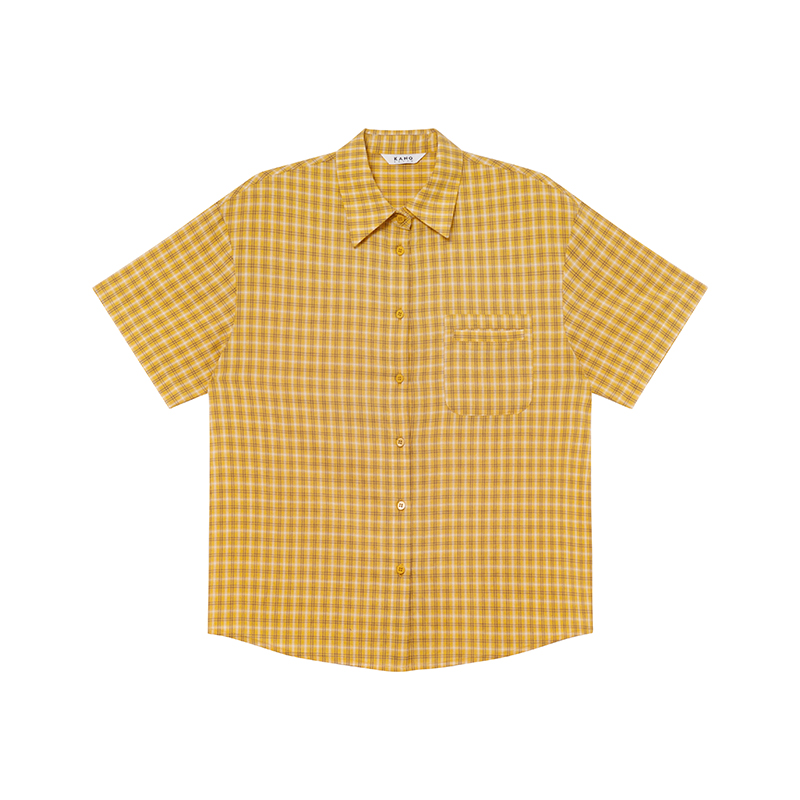 Retro Yellow Plaid Lapel Short Sleeve Shirt for Women - Summer 2025 Simple Commuting Versatile Top in 90s Style