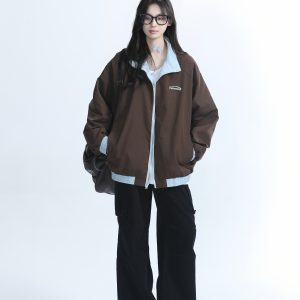 Reversible Brown Jacket for Women - American Retro Style, Loose Fit, Autumn Trend, Casual Layering Essential