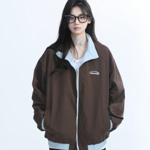 Reversible Brown Jacket for Women - American Retro Style, Loose Fit, Autumn Trend, Casual Layering Essential