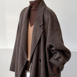 Reversible Coffee-Colored Cashmere Coat for Women - Mid-Length Korean Style Woolen Coat for Autumn/Winter 2024